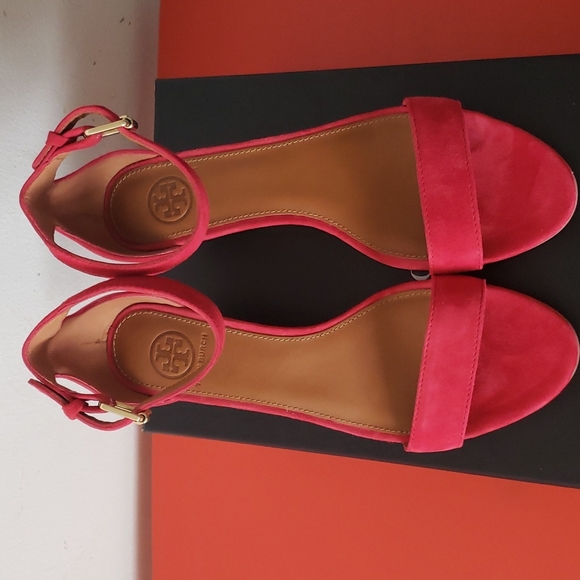 Tory Burch Shoes - Tory Burch Savannah Suede Cork Wedge Sandals in Red